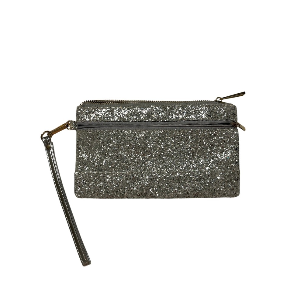 Lam Gallery Silver Glitter Wristlet Clutch Evening Bag with Exterior Zip Pocket